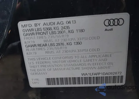 2013 Audi Q5 2.0T Premium z USA, uszkodzony, nr VIN WA1LFAFP1DA092672